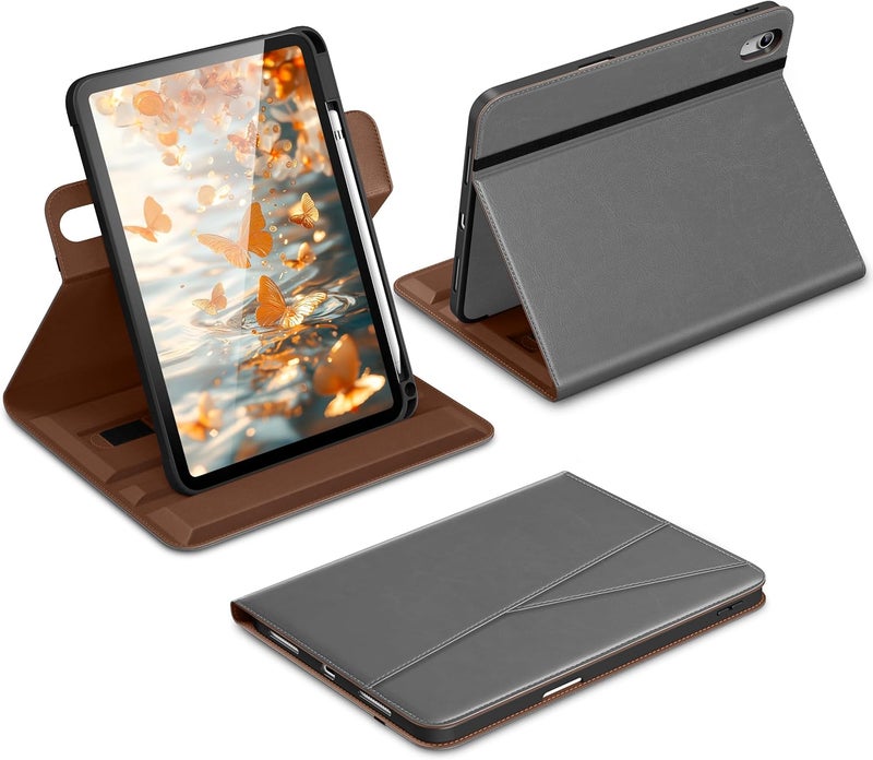 DTTO for iPad A16 Case, iPad 11th / 10th Generation Case (2025/2022), 360 Degree Rotating Premium Leather Folio Stand Cover with Pencil Holder, Grey - Image 1